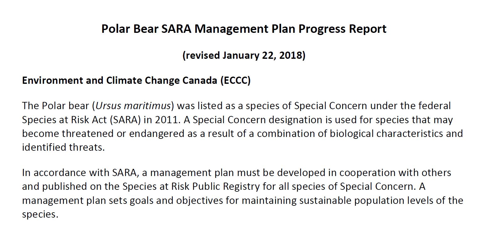 Polar Bear SARA Management Plan Progress Report. Jan2018