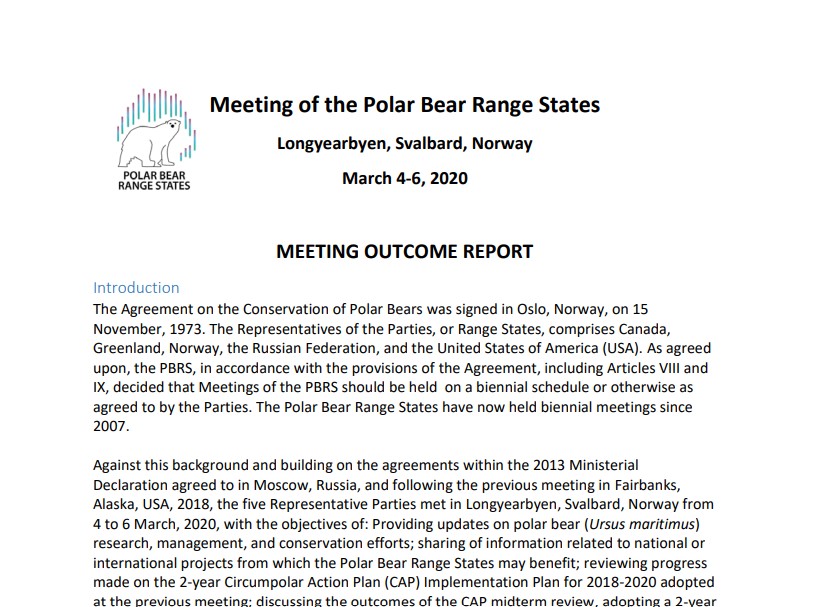 2018 Polar Bear Range States Meeting Outcome Report Fairbanks Alaska